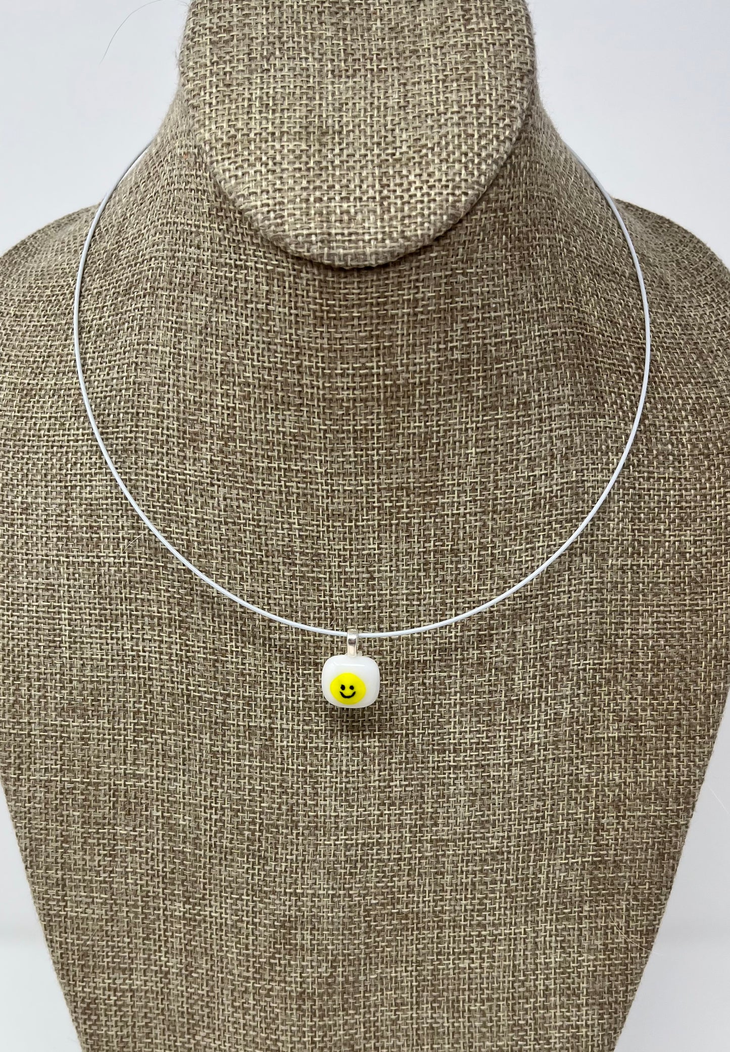 Glass Smiley Face Pendant with Cable Necklace - sm white