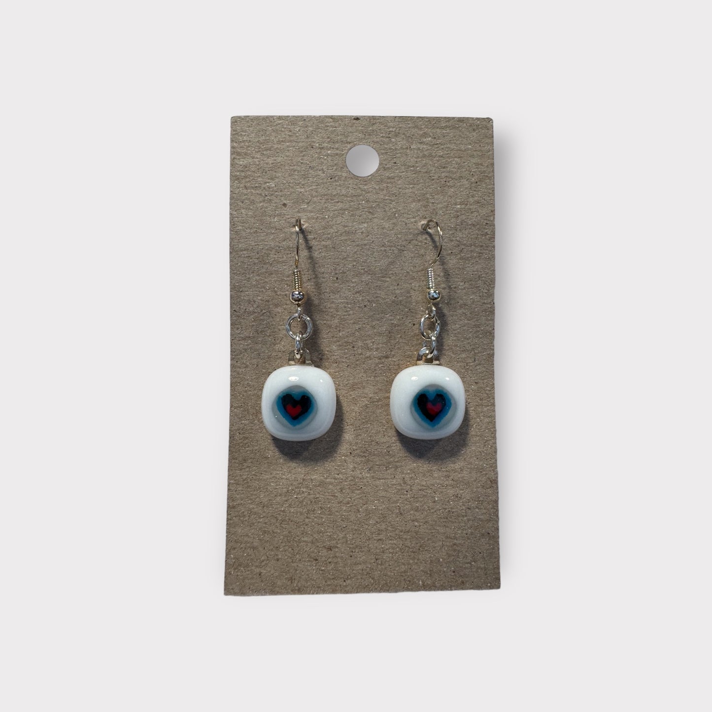 Glass Earrings - white with aqua and red heart