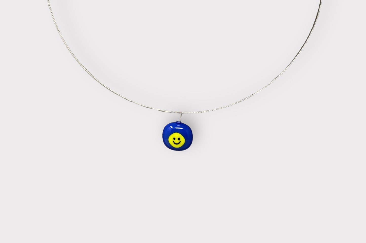 Glass Smiley Face Pendant with Cable Necklace - sm blue