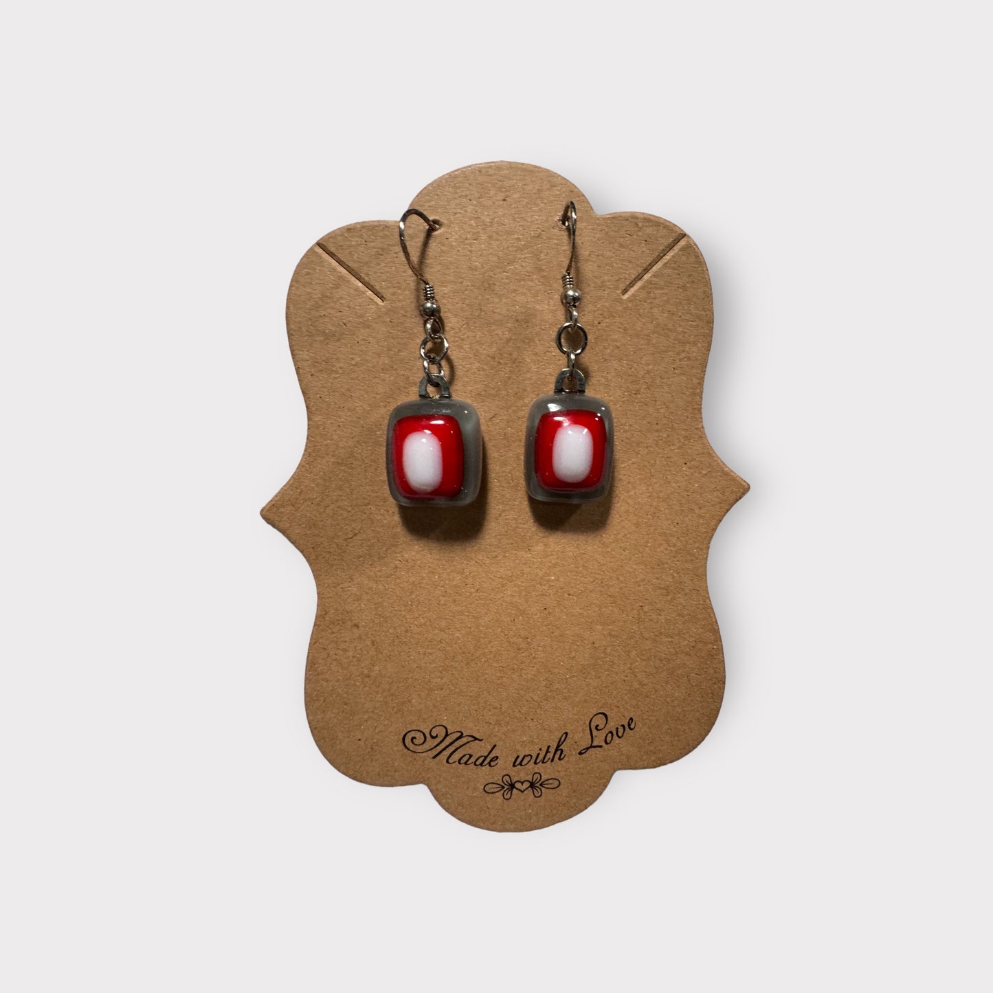 Glass Earrings - grey, red and white