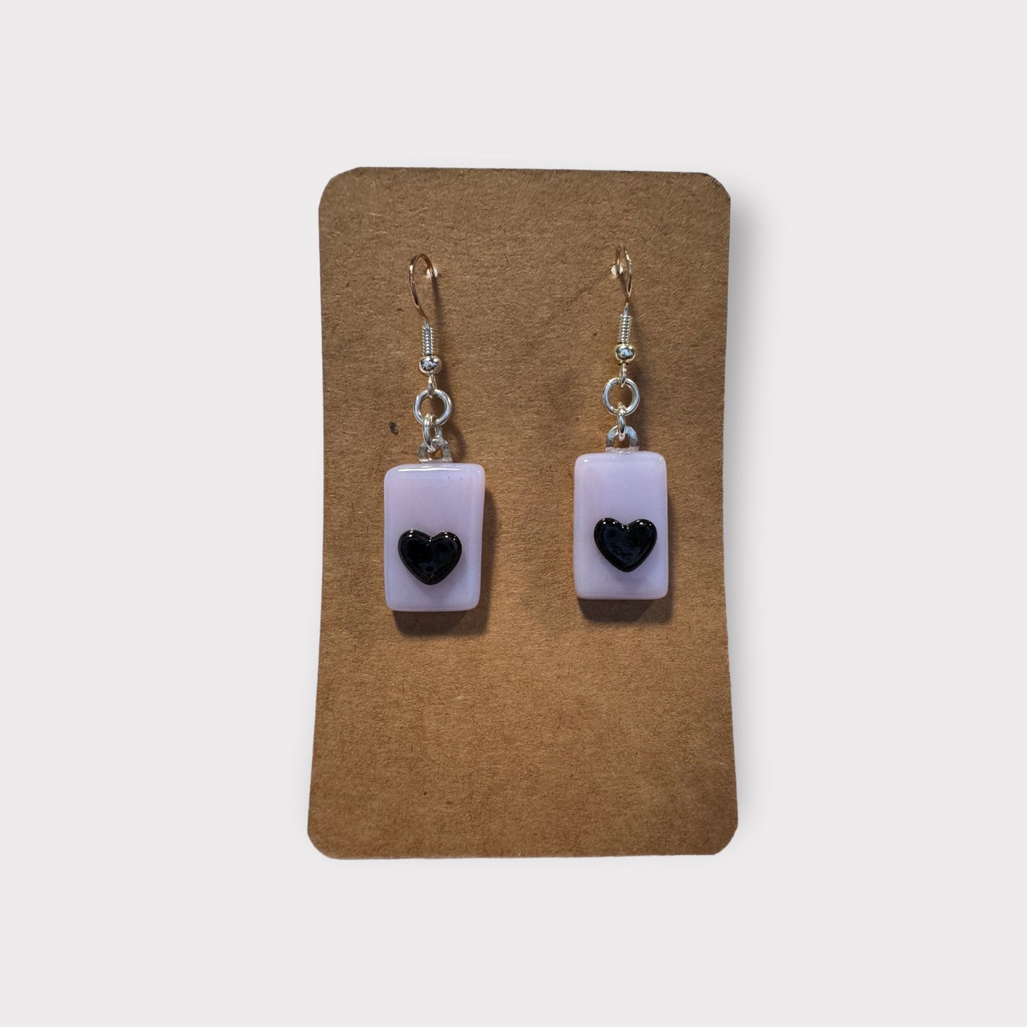 Glass Earrings - pink with black heart