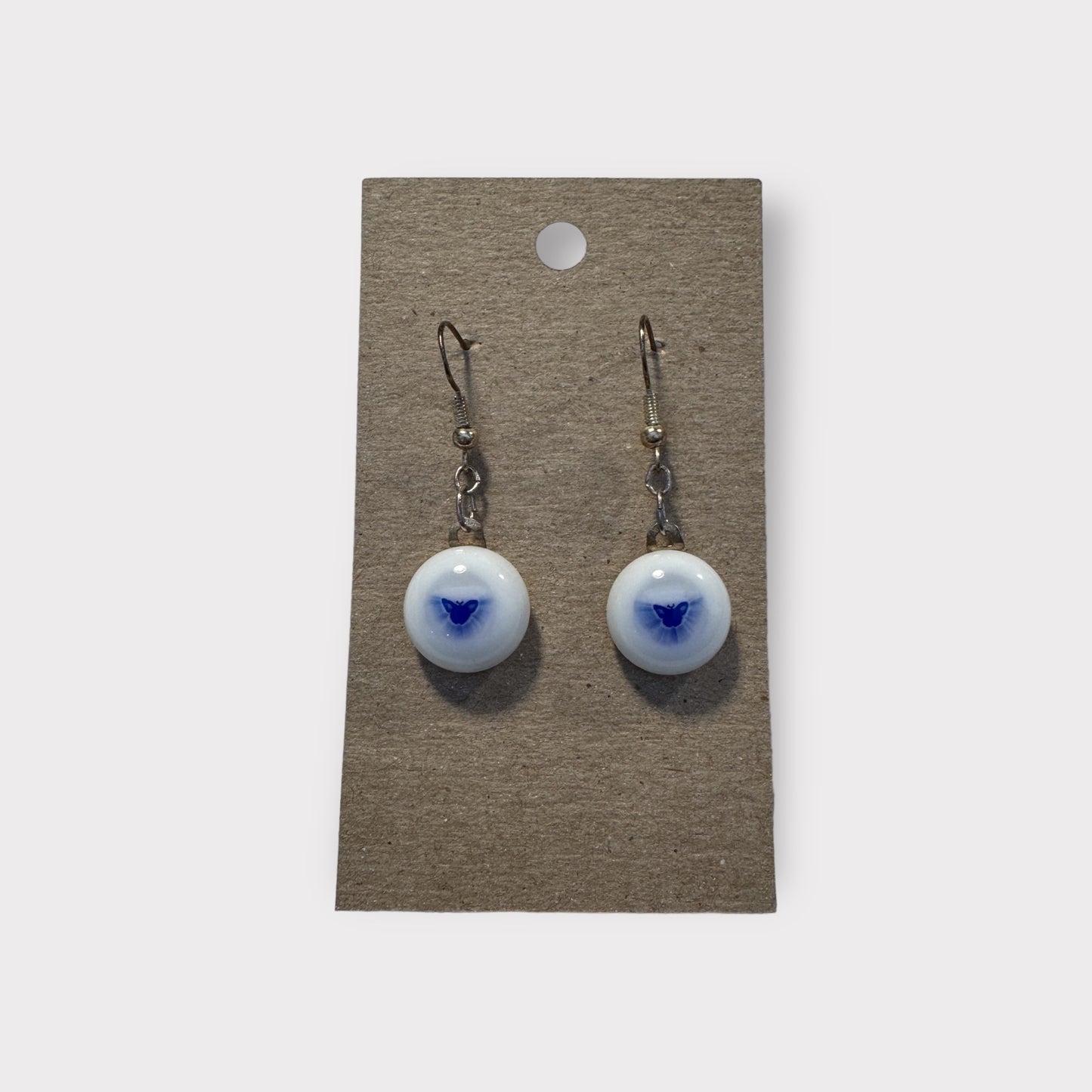 Glass Earrings - white with a blue butterfly