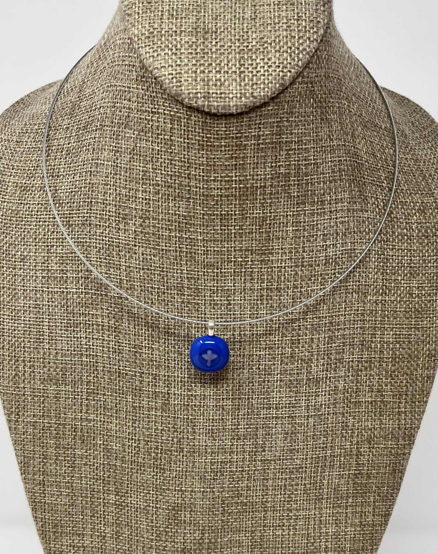 Glass Cross Pendant with Cable Necklace - sm blue