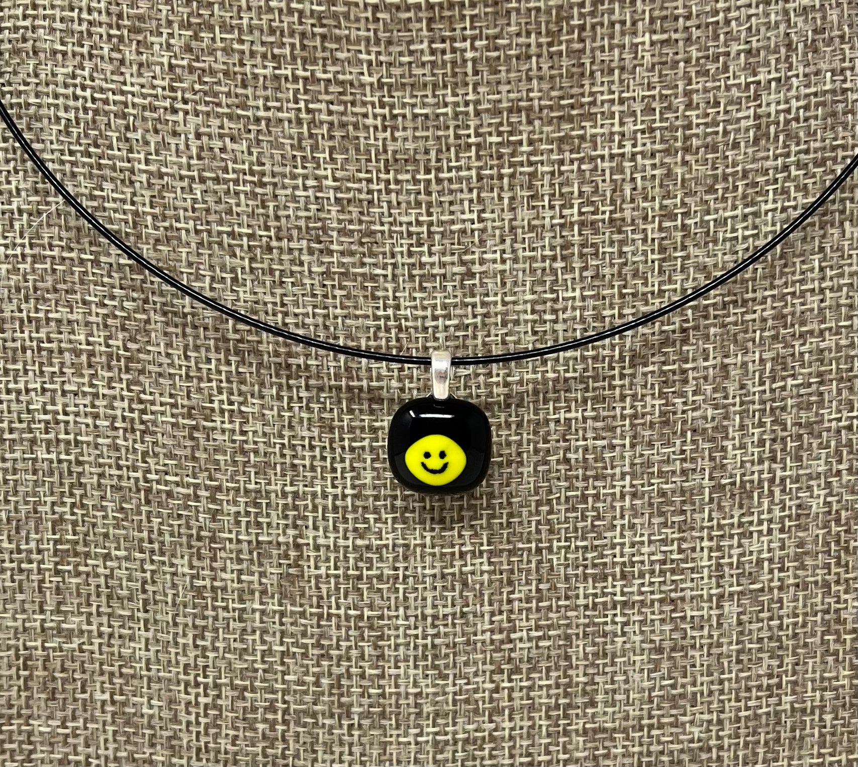 Glass Smiley Face Pendant with Cable Necklace - sm black
