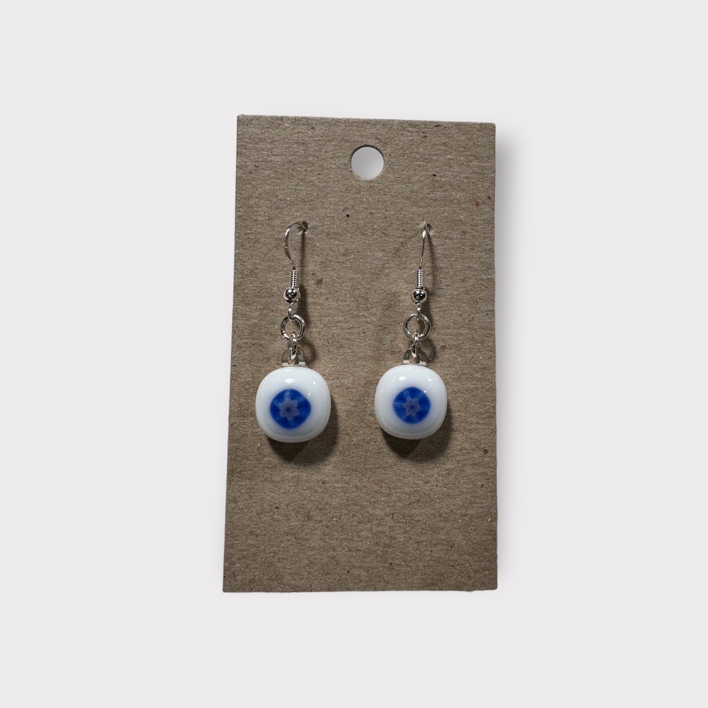 Glass Earrings - white with cobalt blue flower