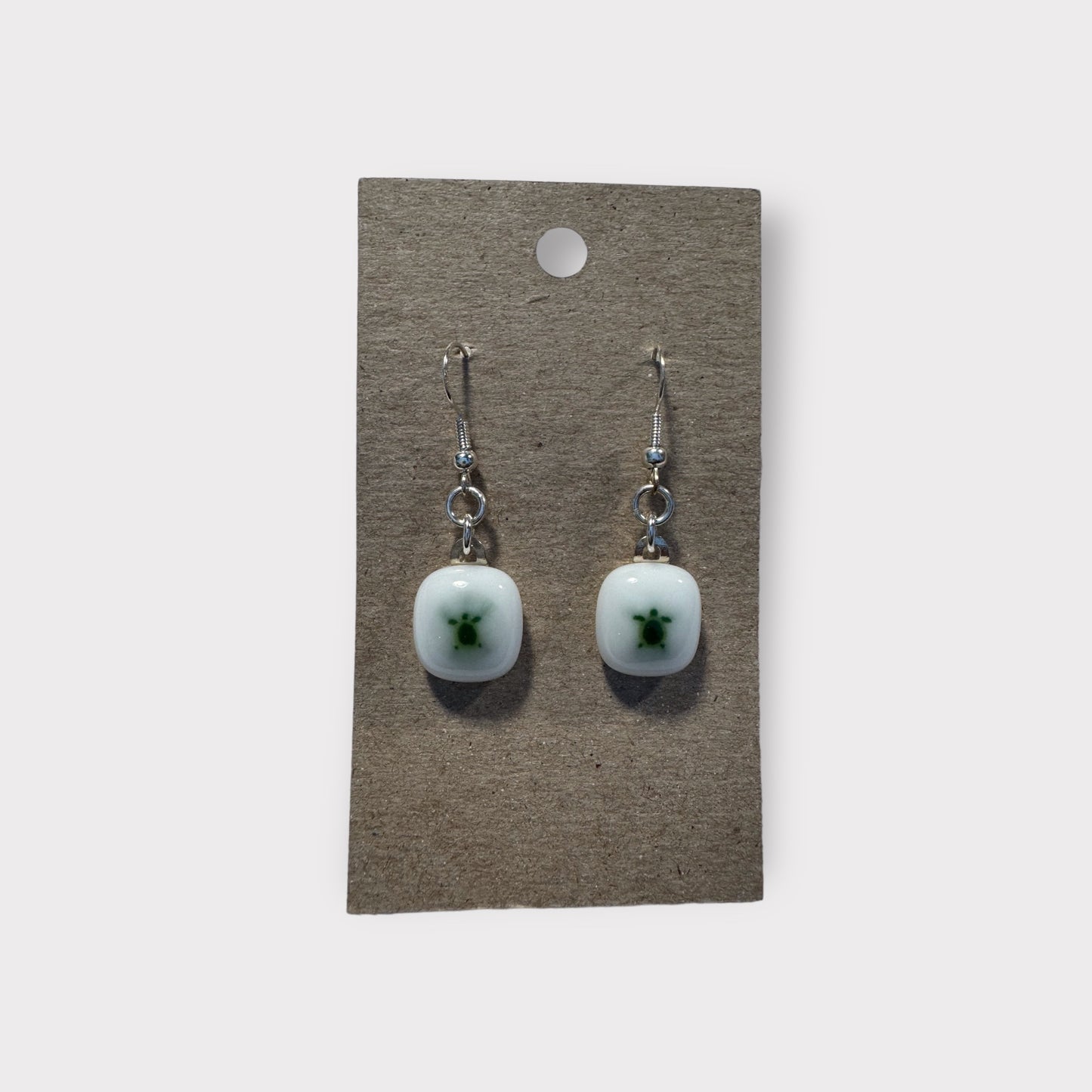 Glass Earrings - white with green turtle