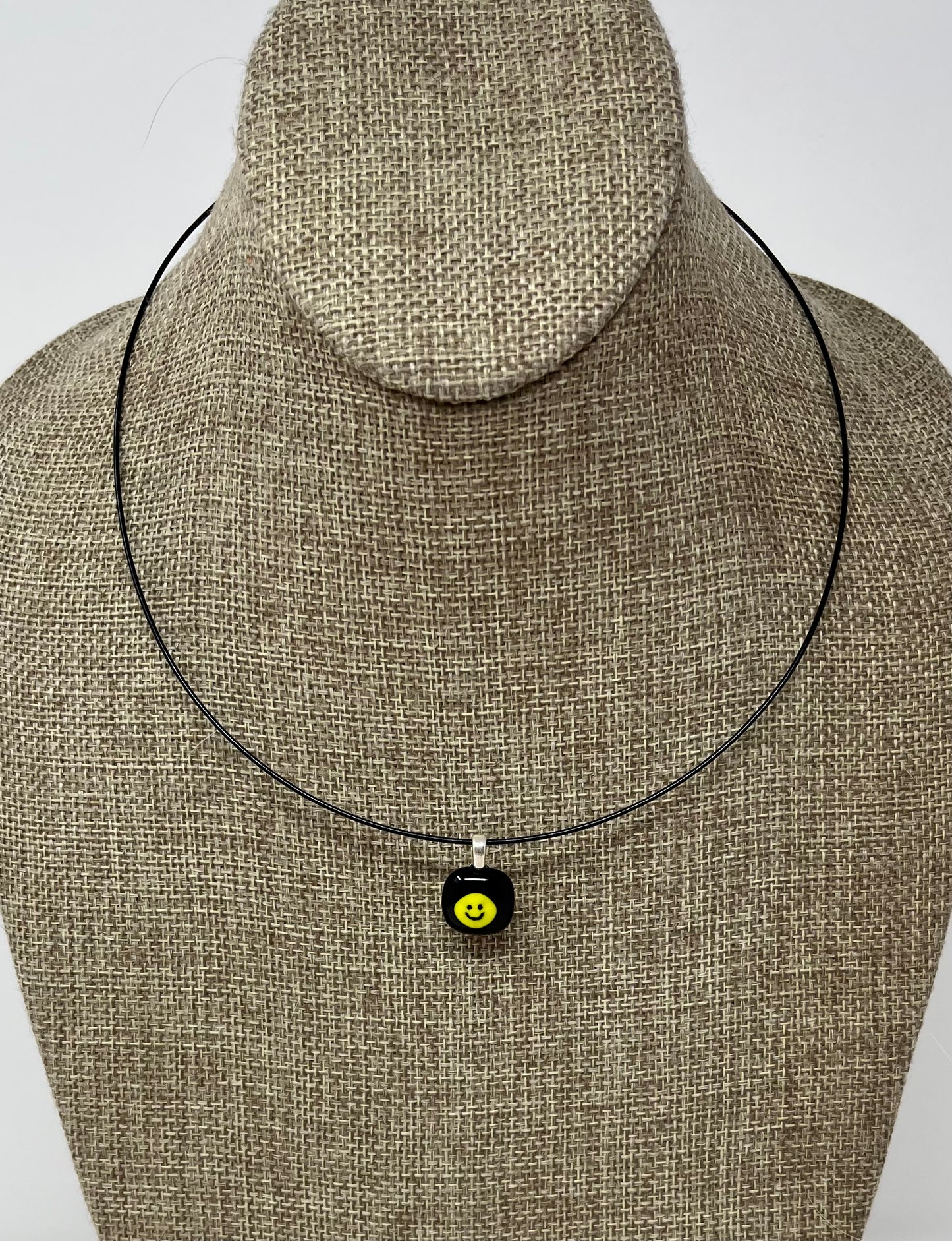 Glass Smiley Face Pendant with Cable Necklace - sm black