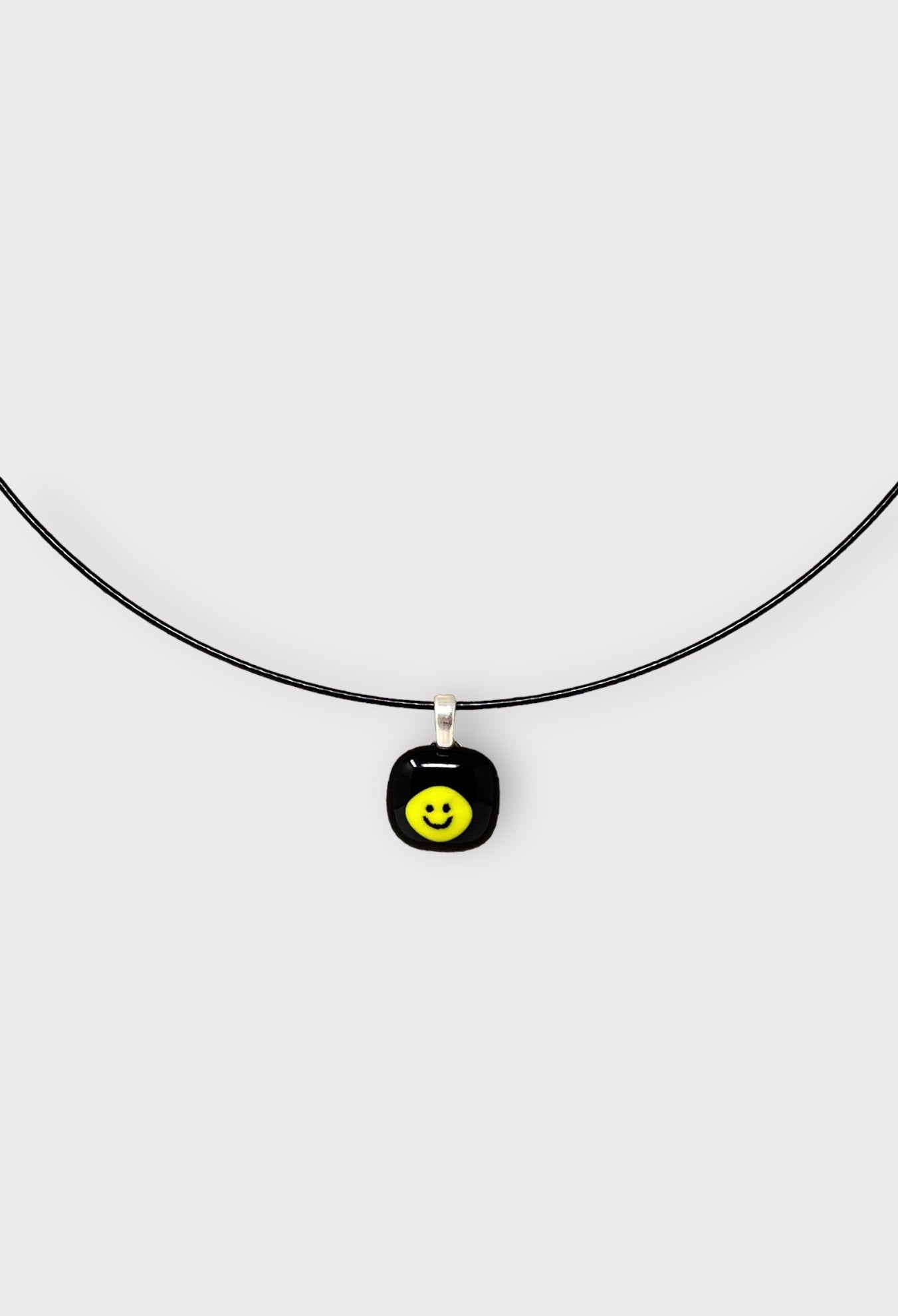 Glass Smiley Face Pendant with Cable Necklace - sm black