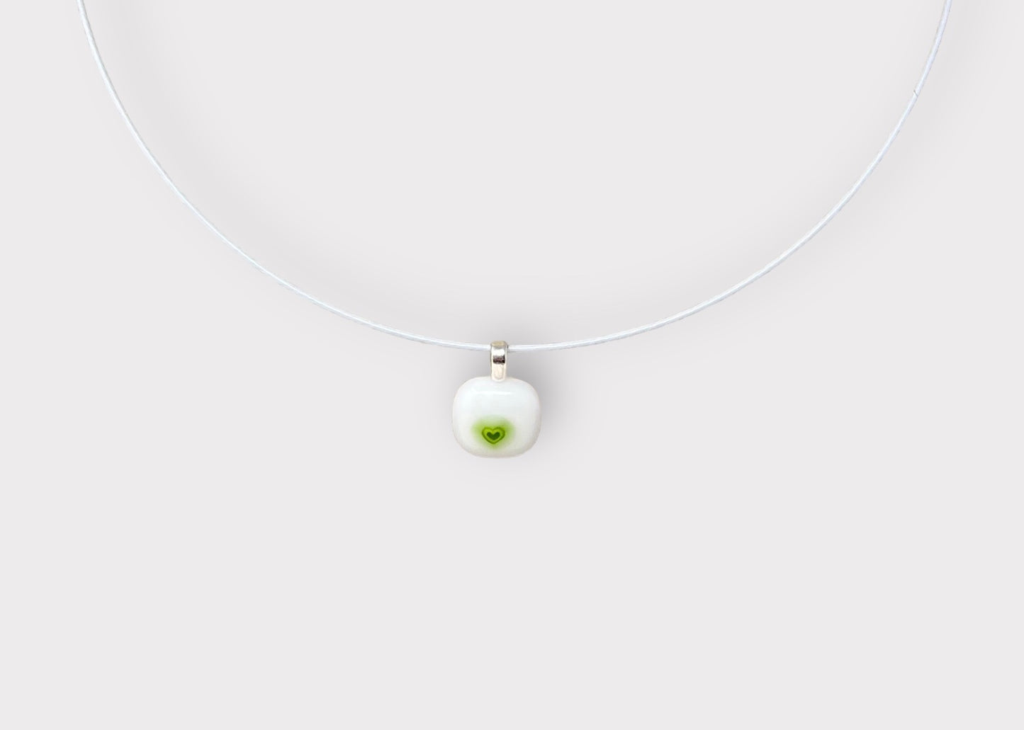 Glass Green Heart Pendant with Cable Necklace - sm white