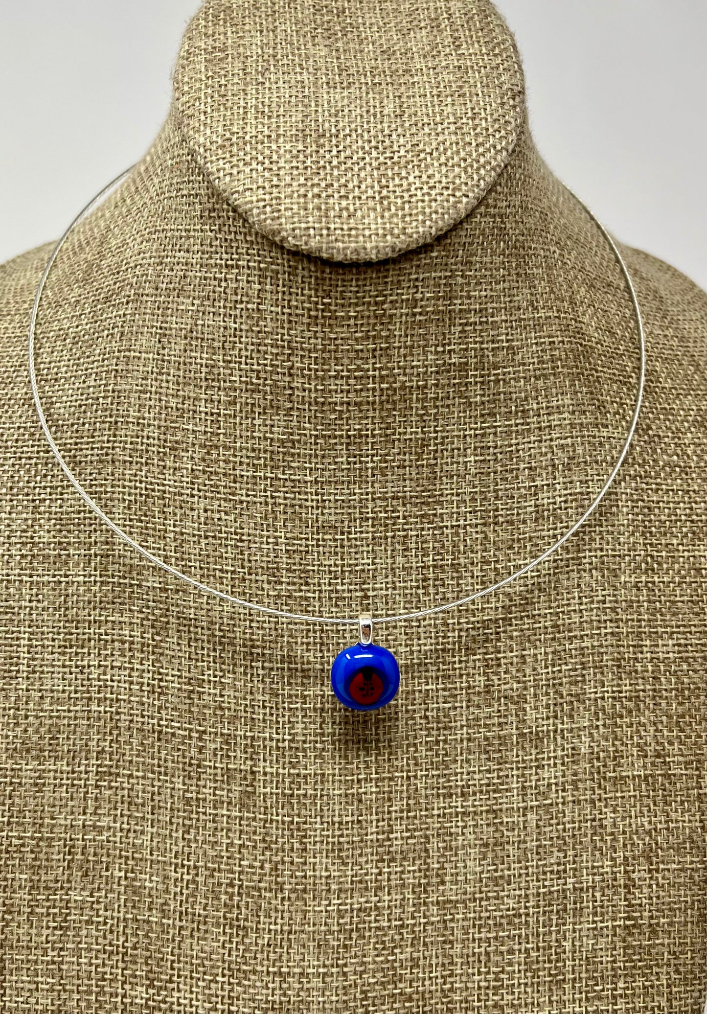 Glass Ladybug Pendant with Cable Necklace - sm blue