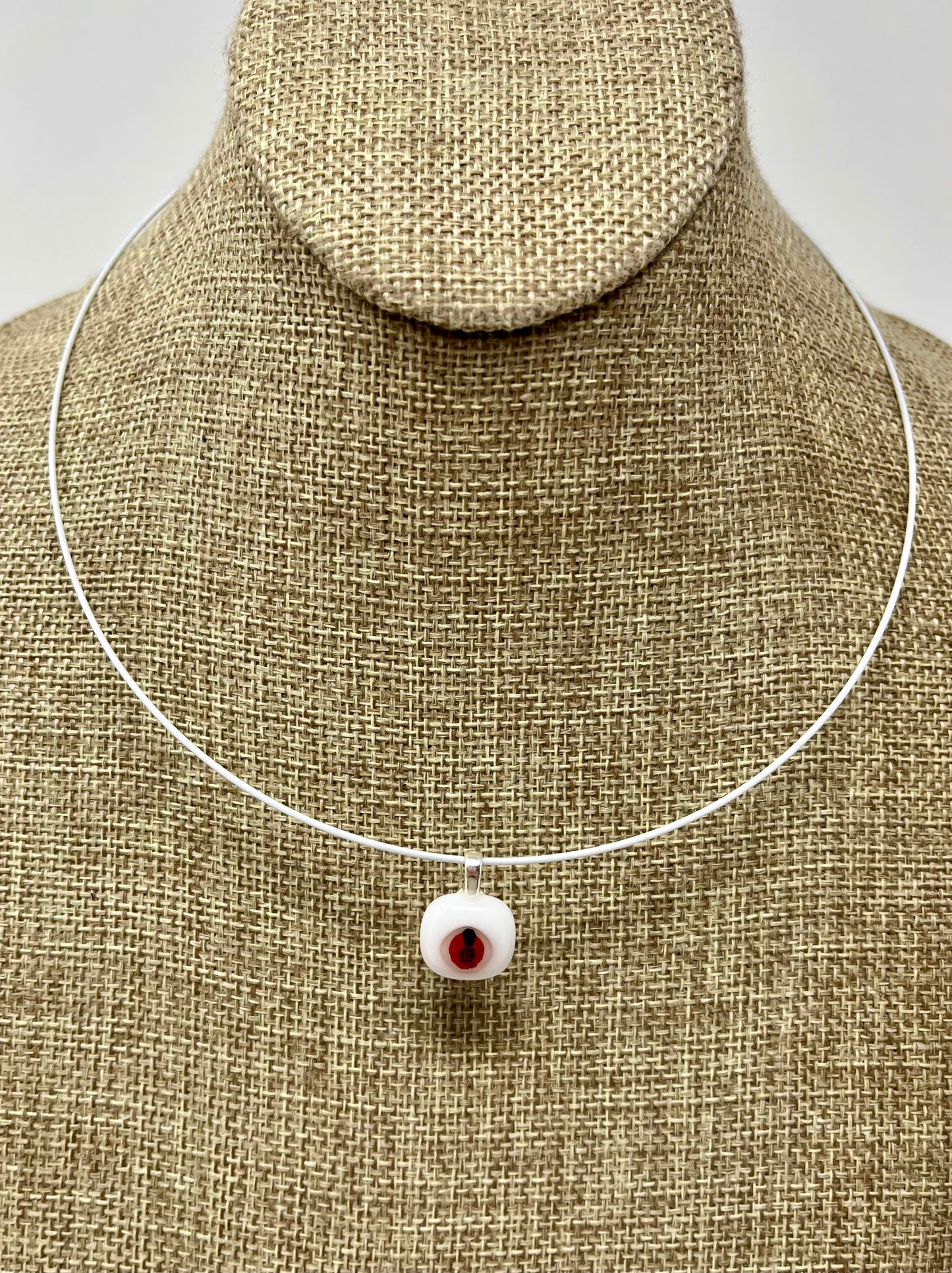 Glass Ladybug Pendant with Cable Necklace - sm white