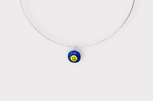 Glass Smiley Face Pendant with Cable Necklace - sm blue