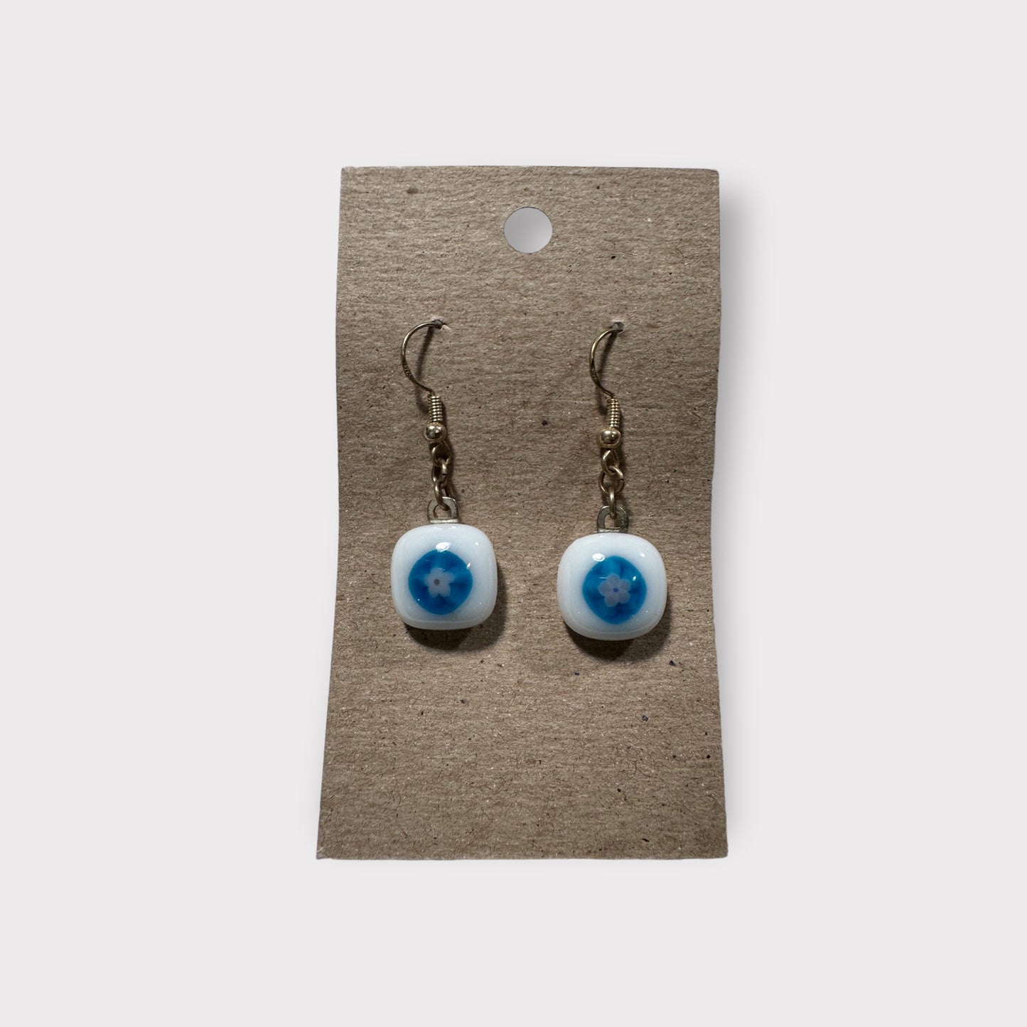 Glass Earrings - white with aqua flower