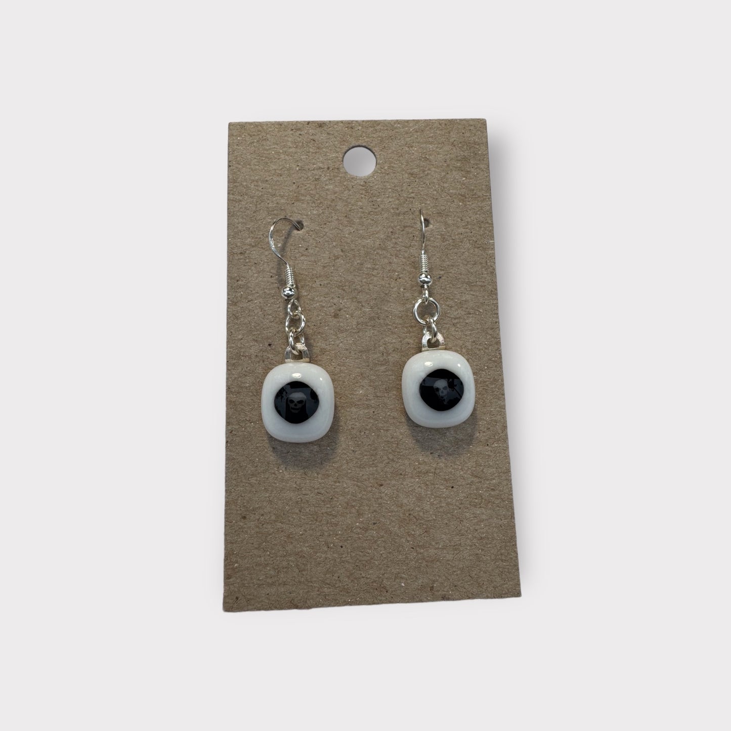 Glass Earrings - white and black with tiny skull