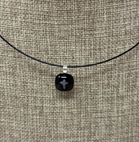 Glass Cross Pendant with Cable Necklace - sm black