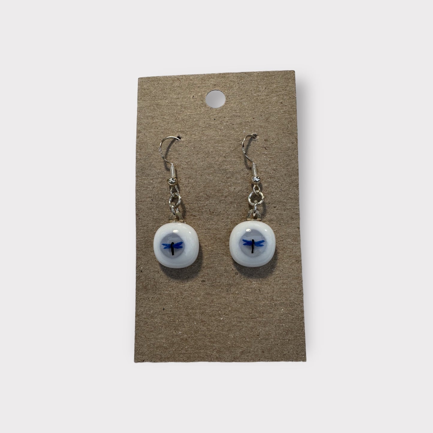 Glass Earrings - white with blue dragonfly