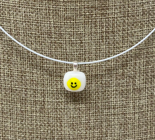 Glass Smiley Face Pendant with Cable Necklace - sm white