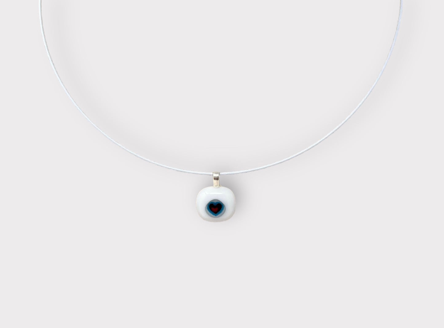 Glass Red/Aqua Heart Pendant with Cable Necklace - sm white