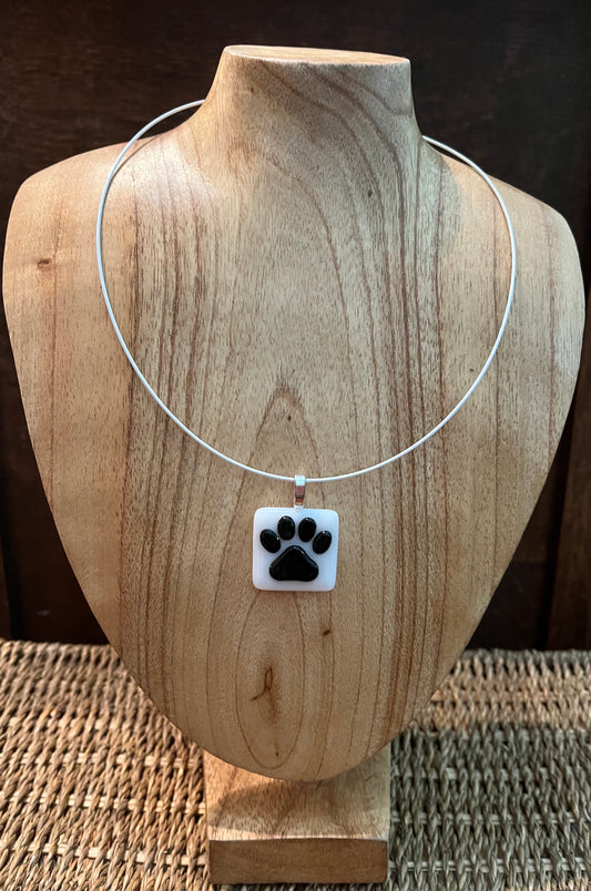Glass Pet Paw Pendant with Cable Necklace - med white
